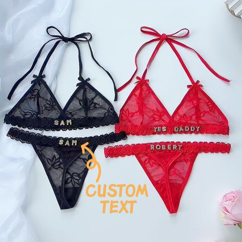 Lace Bralette Set - Custom Crystal Letter Name Thong Sexy